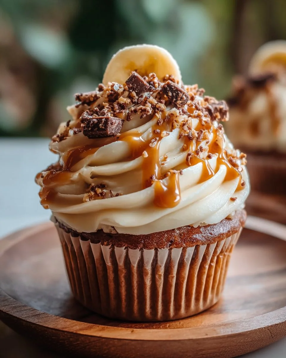 Delicious banana caramel cupcakes with caramel cream cheese frosting on a plate