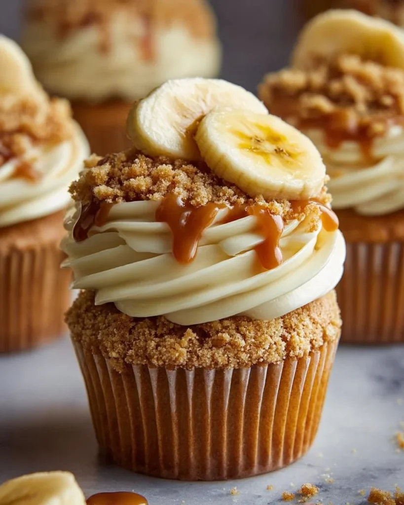 Delicious banana caramel cupcakes with caramel cream cheese frosting
