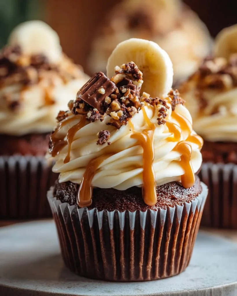 Banana caramel cupcakes with caramel cream cheese frosting on a plate