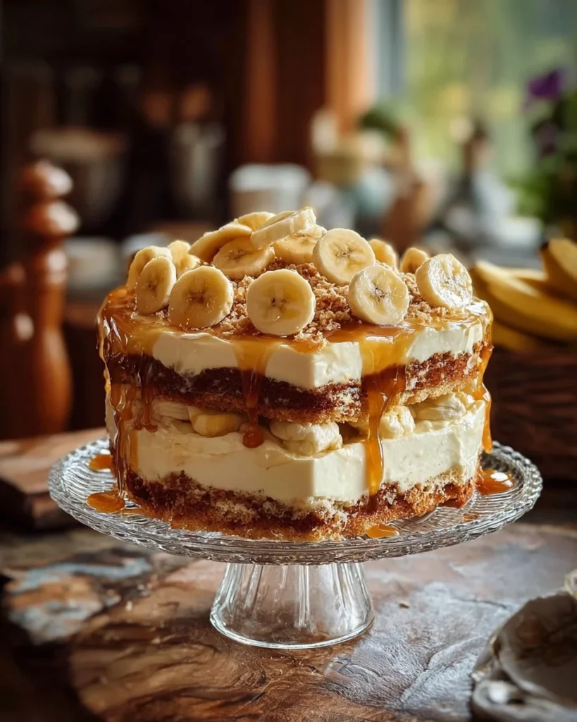 Banana Caramel Delight Cake with creamy caramel sauce and banana slices