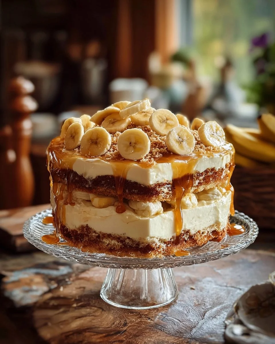 Banana Caramel Delight Cake with creamy caramel sauce and banana slices