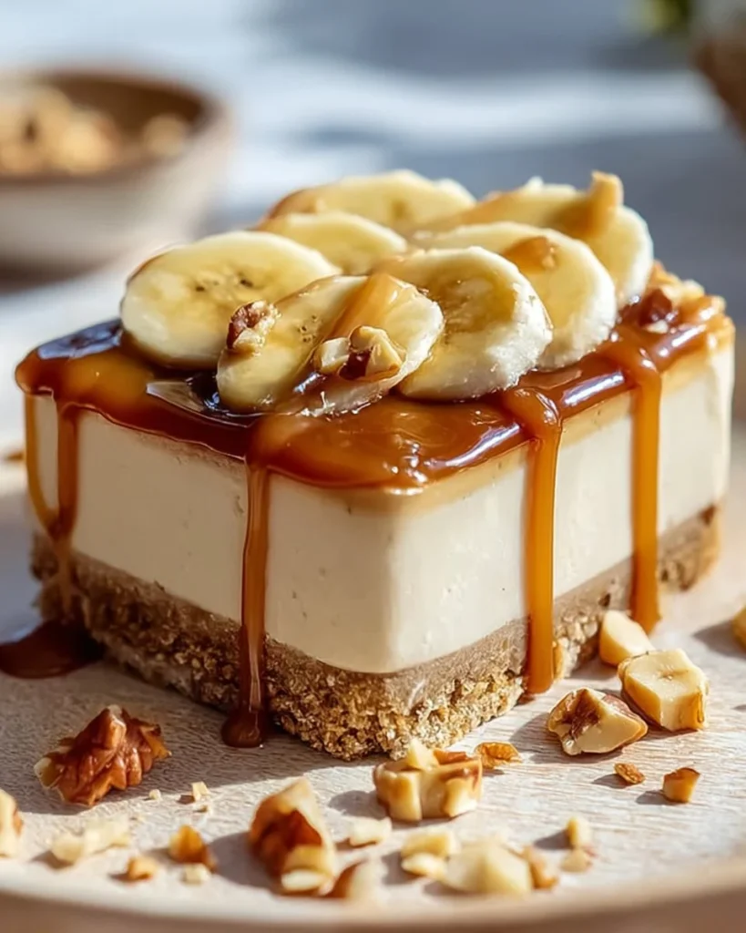 Delicious Banana Caramel Nut Cheesecake topped with caramel and nuts