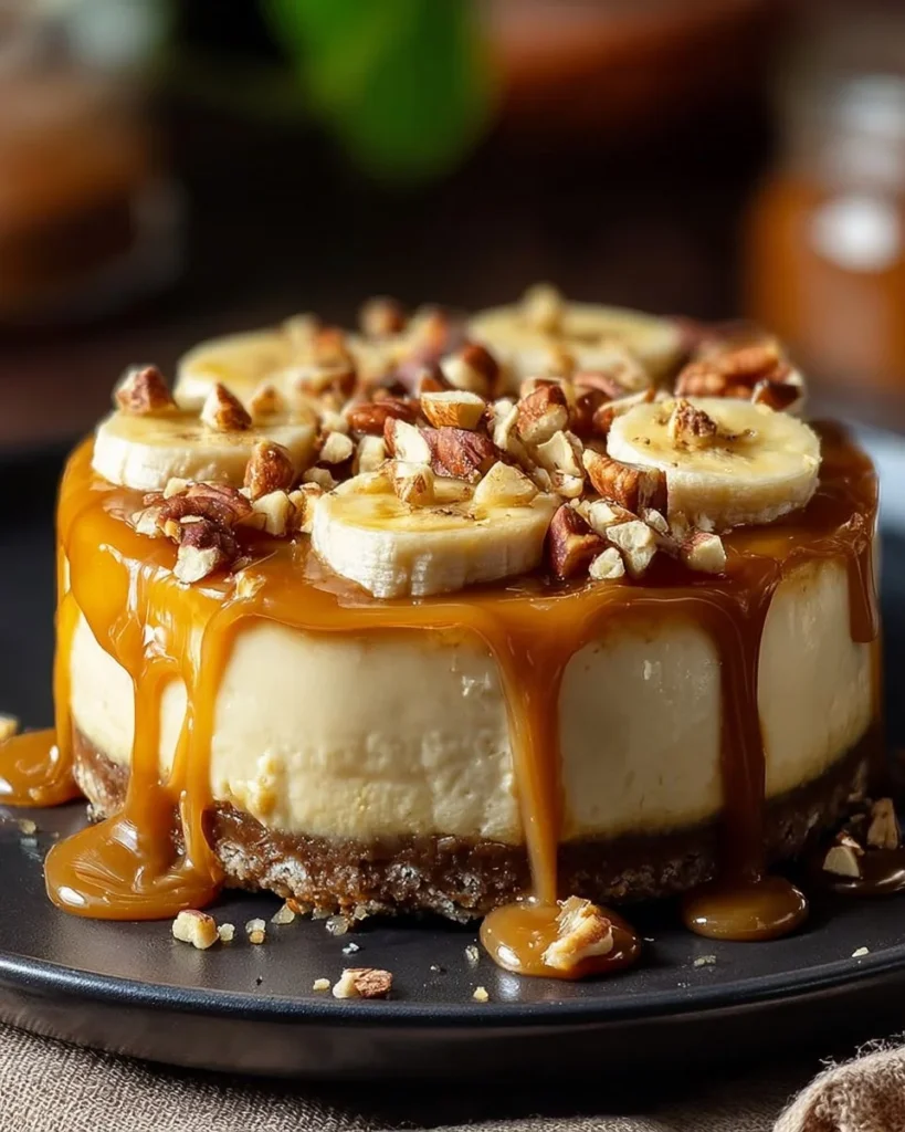Delicious Banana Caramel Cheesecake with peanut butter topping on a plate