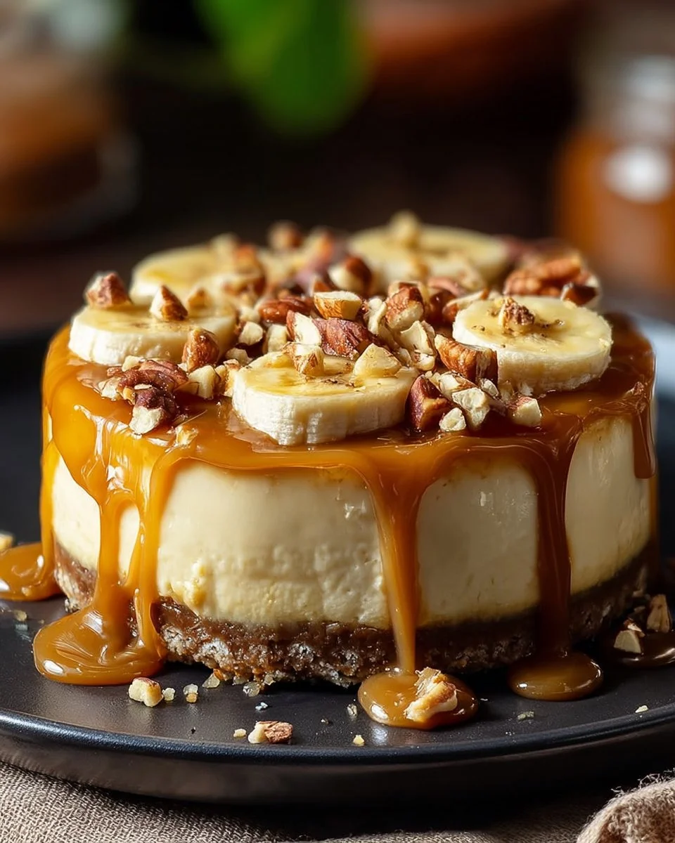 Delicious Banana Caramel Cheesecake with peanut butter topping on a plate