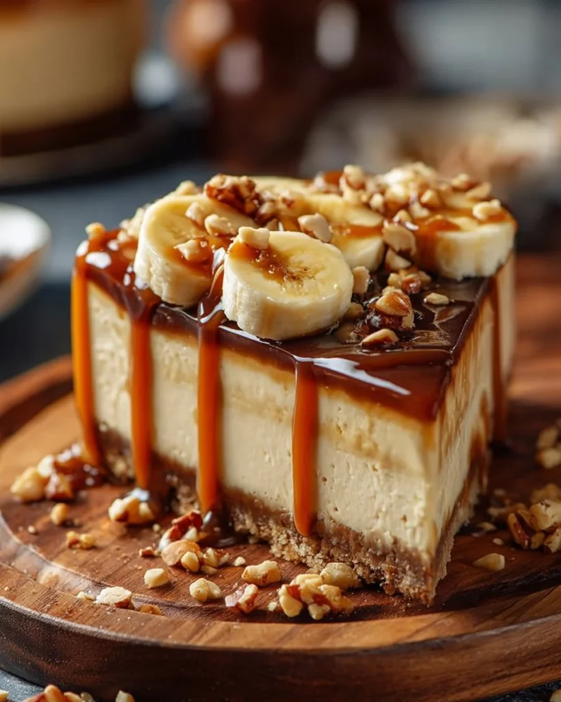 Delicious Banana Caramel Cheesecake topped with peanut butter and caramel drizzle