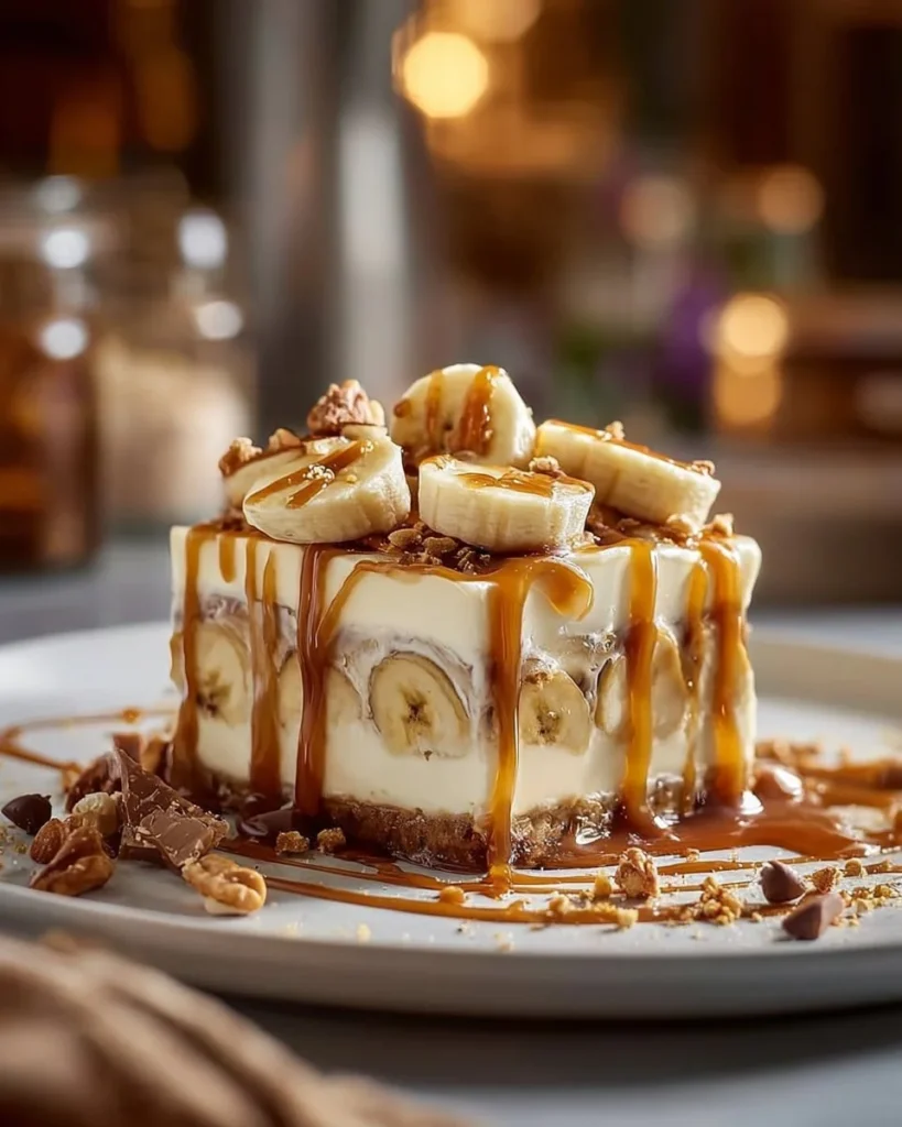 Delicious Banana Caramel Cheesecake drizzled with Peanut Butter sauce