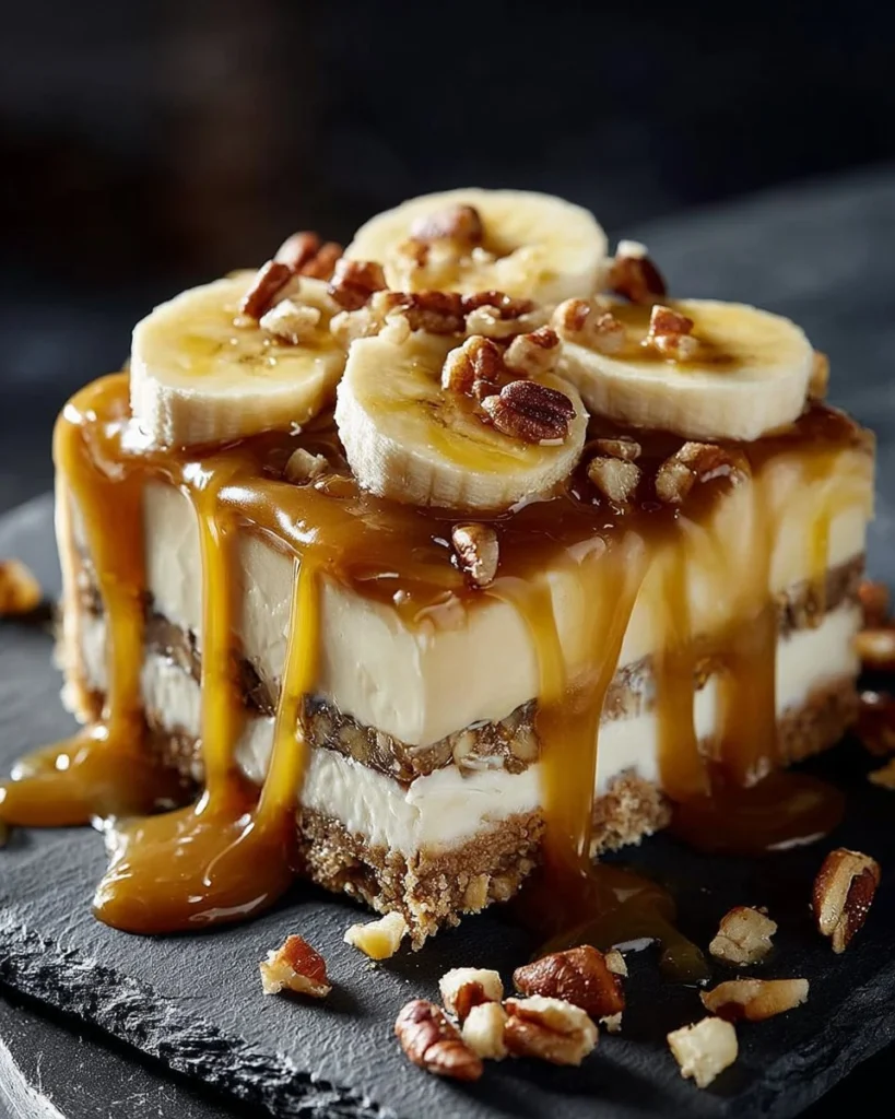 Sliced Banana Caramel Cheesecake topped with peanut butter and caramel drizzle