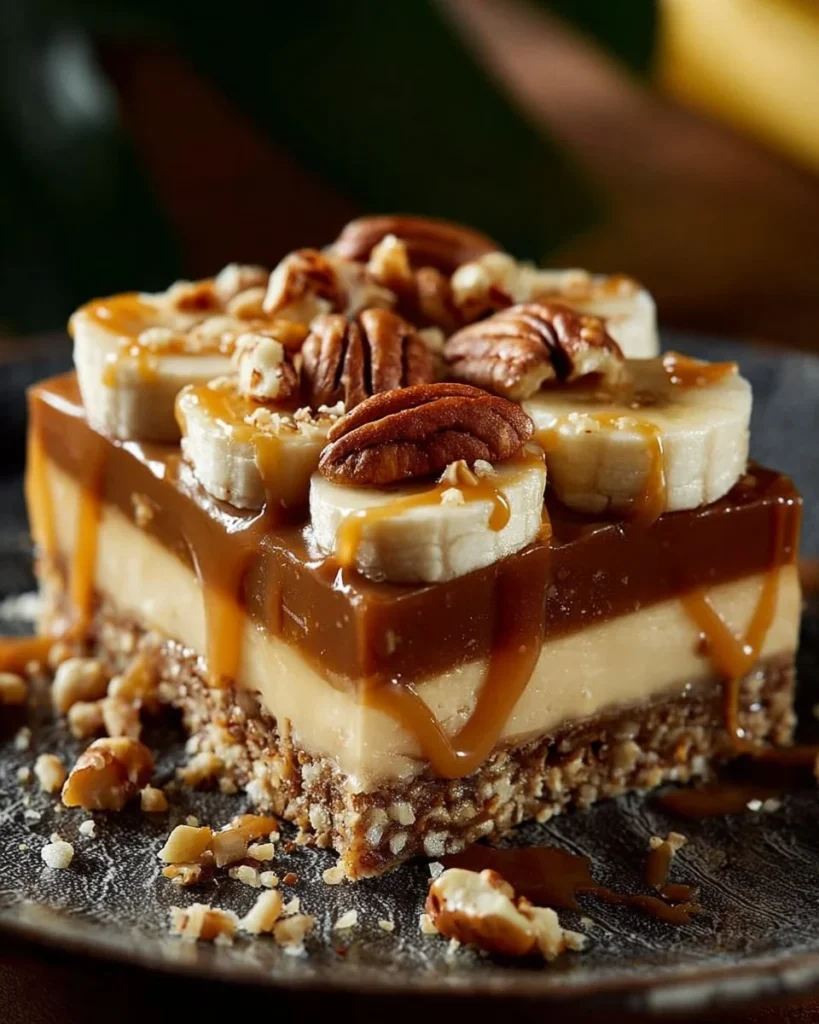 Delicious Banana Caramel Cheesecake topped with peanut butter and caramel sauce