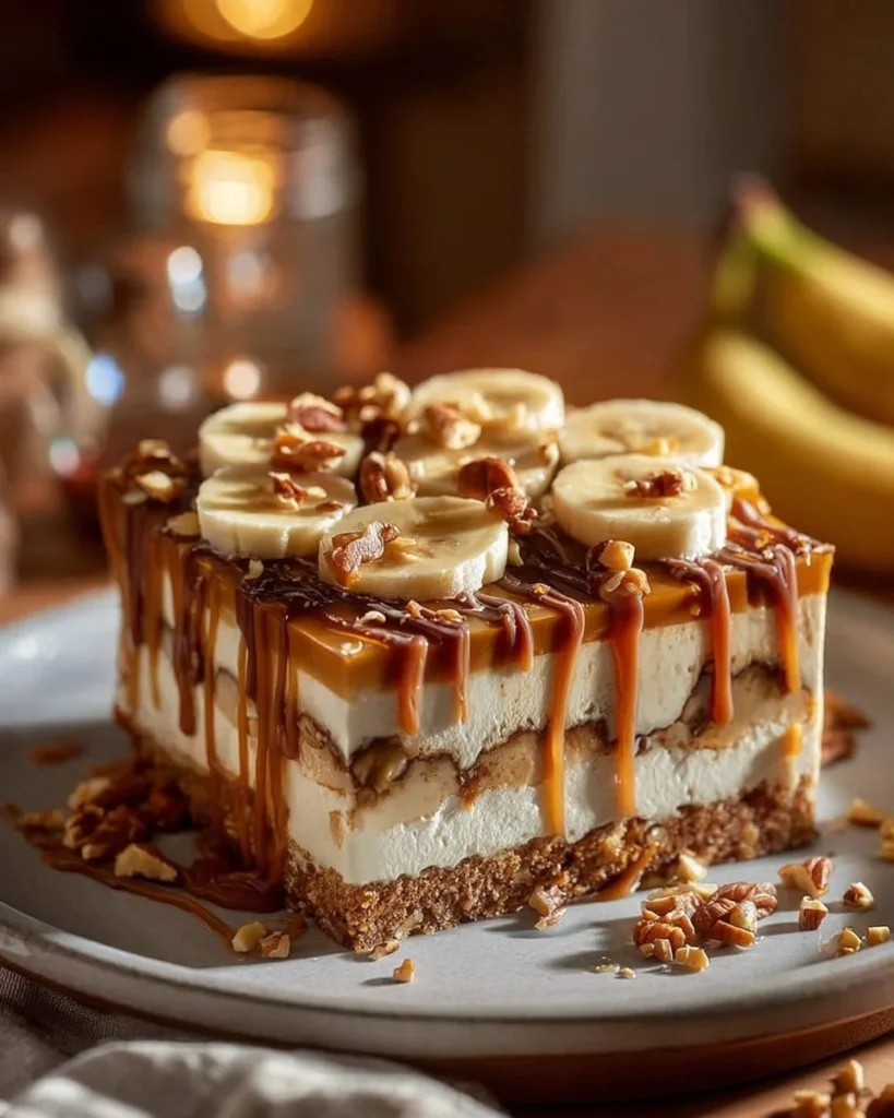 Delicious Banana Caramel Cheesecake with peanut butter topping