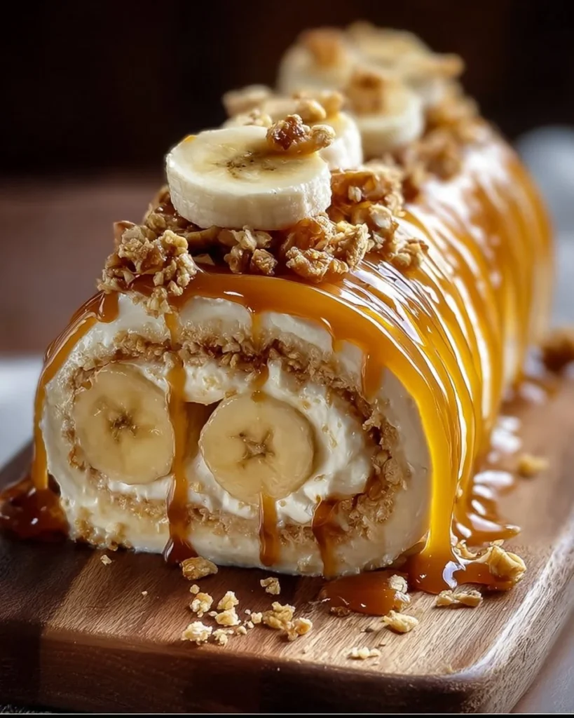 Slice of Banana Caramel Roulade dessert on a plate.
