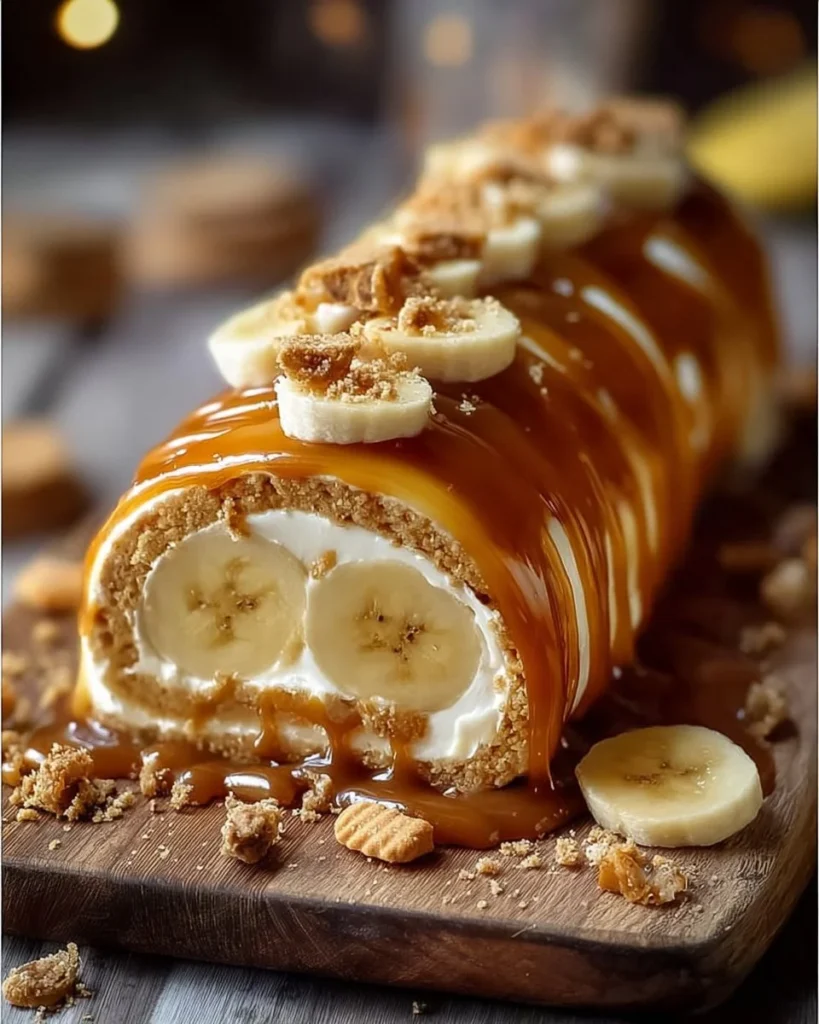 Decadent Banana Caramel Roulade with caramel drizzle and sliced bananas.