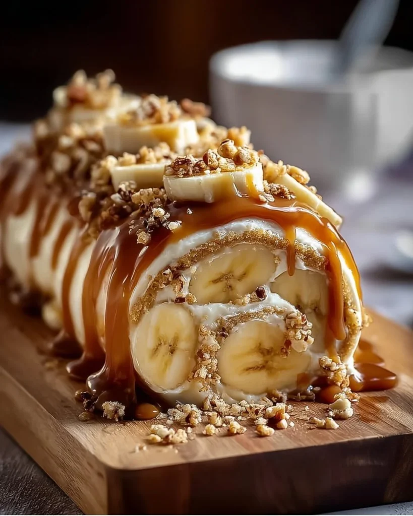 Delicious Banana Caramel Roulade dessert showcasing layers of banana and caramel sweetness.