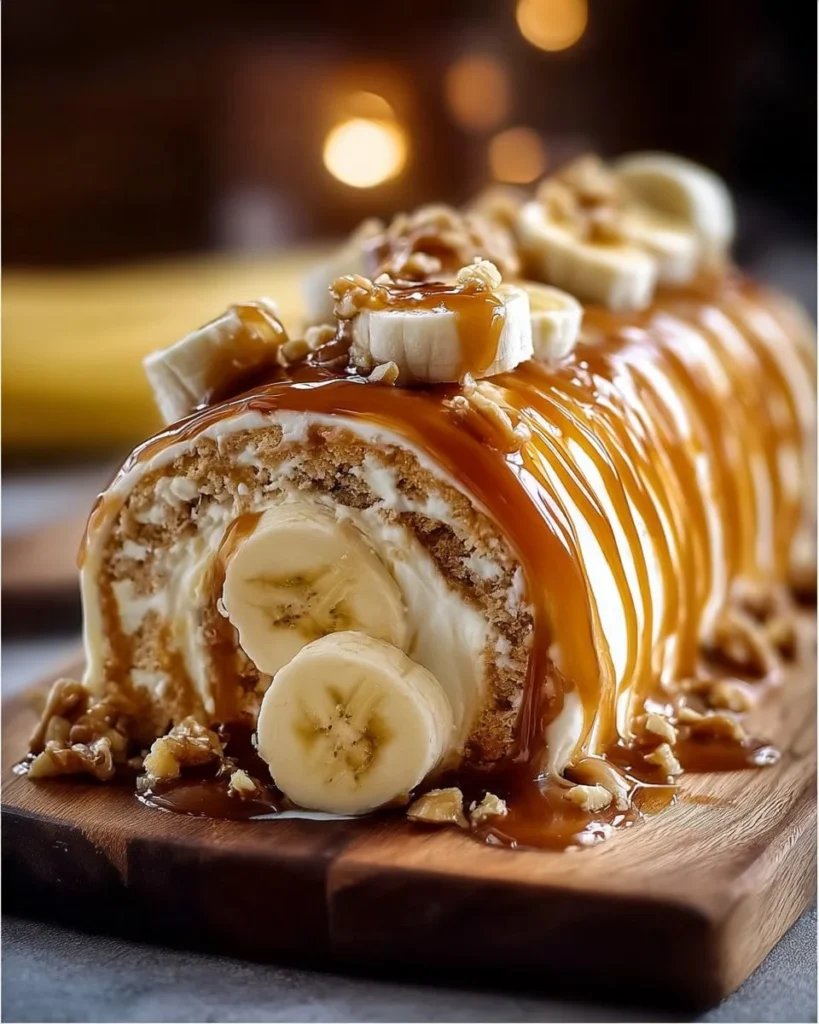 Delicious Banana Caramel Roulade dessert with a creamy filling and caramel drizzle