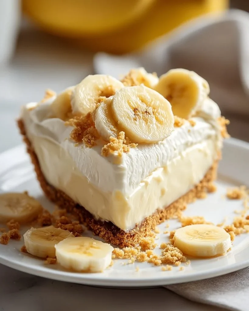 Delicious banana cream cheesecake topped with fresh banana slices and whipped cream.