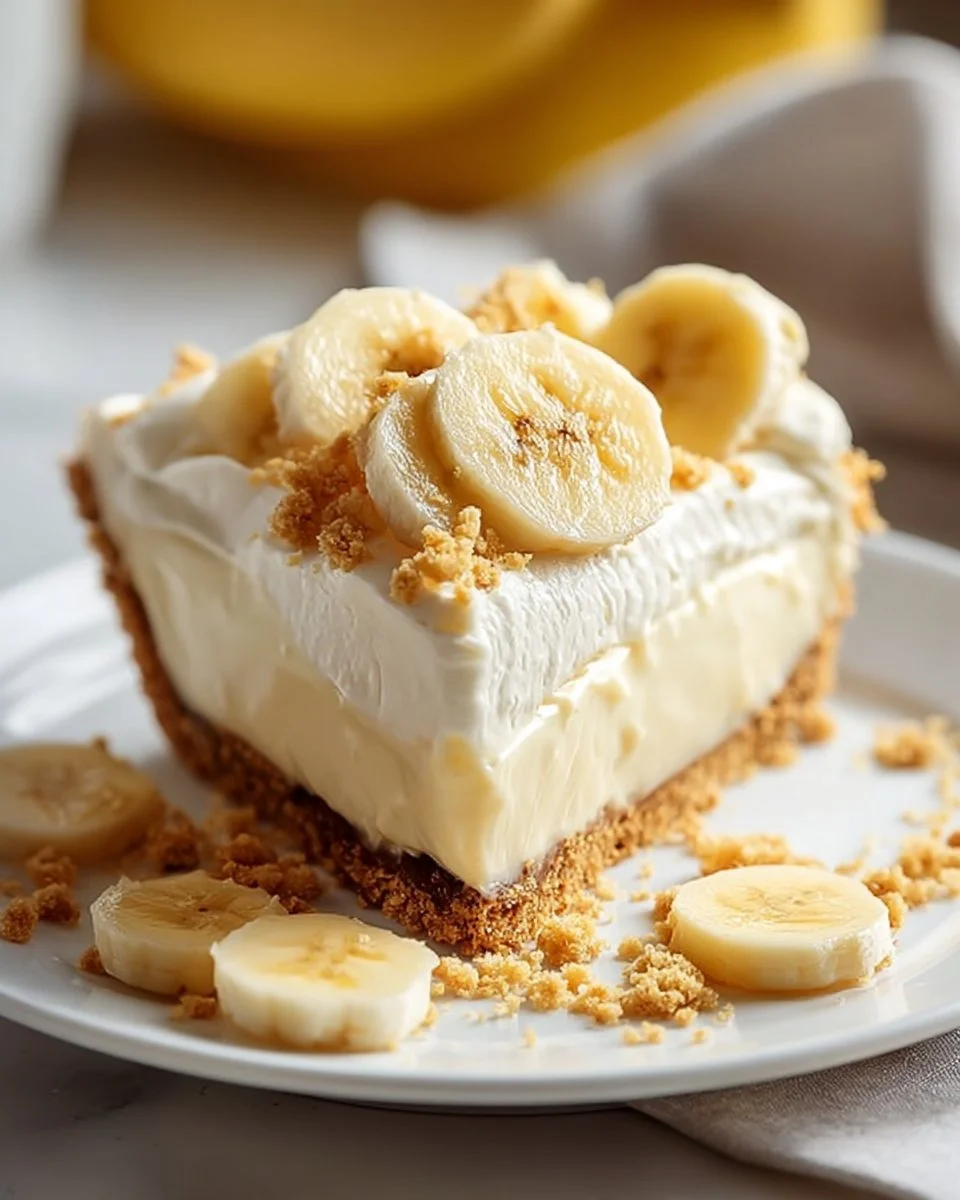 Delicious banana cream cheesecake topped with fresh banana slices and whipped cream.