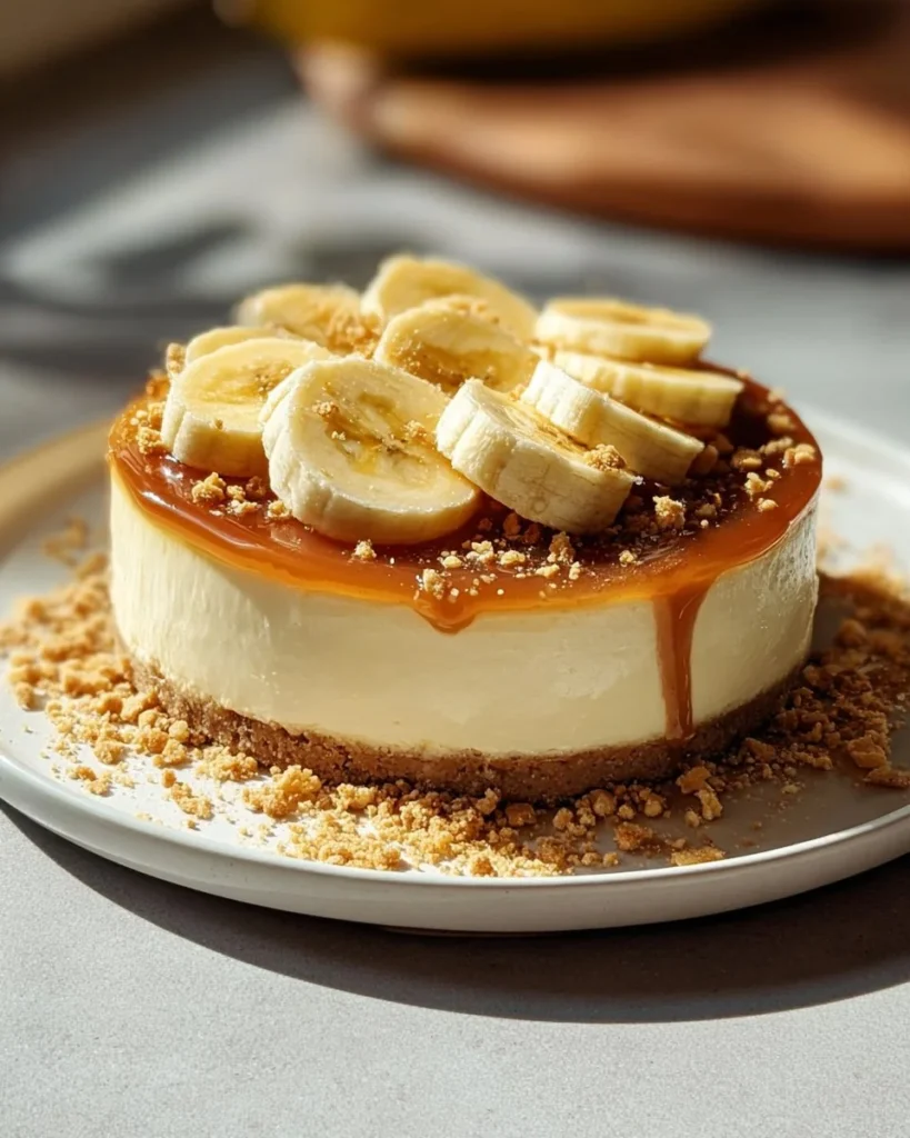 Delicious slice of Banana Cream Cheesecake topped with fresh banana slices