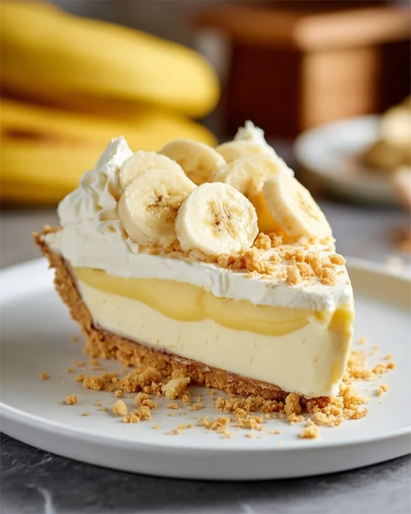 Delicious banana cream cheesecake topped with fresh bananas and whipped cream