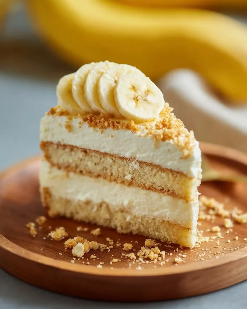 Slice of Banana Cream Cheesecake topped with fresh bananas and whipped cream