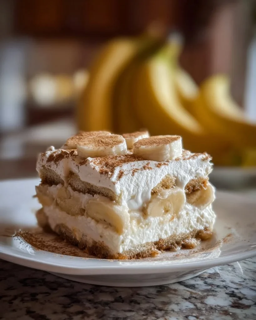 Creamy Banana Cream Delight dessert with fresh bananas and whipped cream.