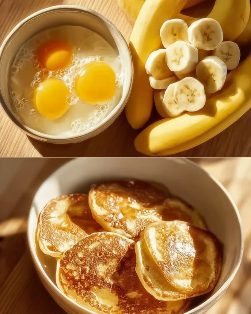 Fluffy banana-egg pancakes stacked on a plate with fresh fruits.