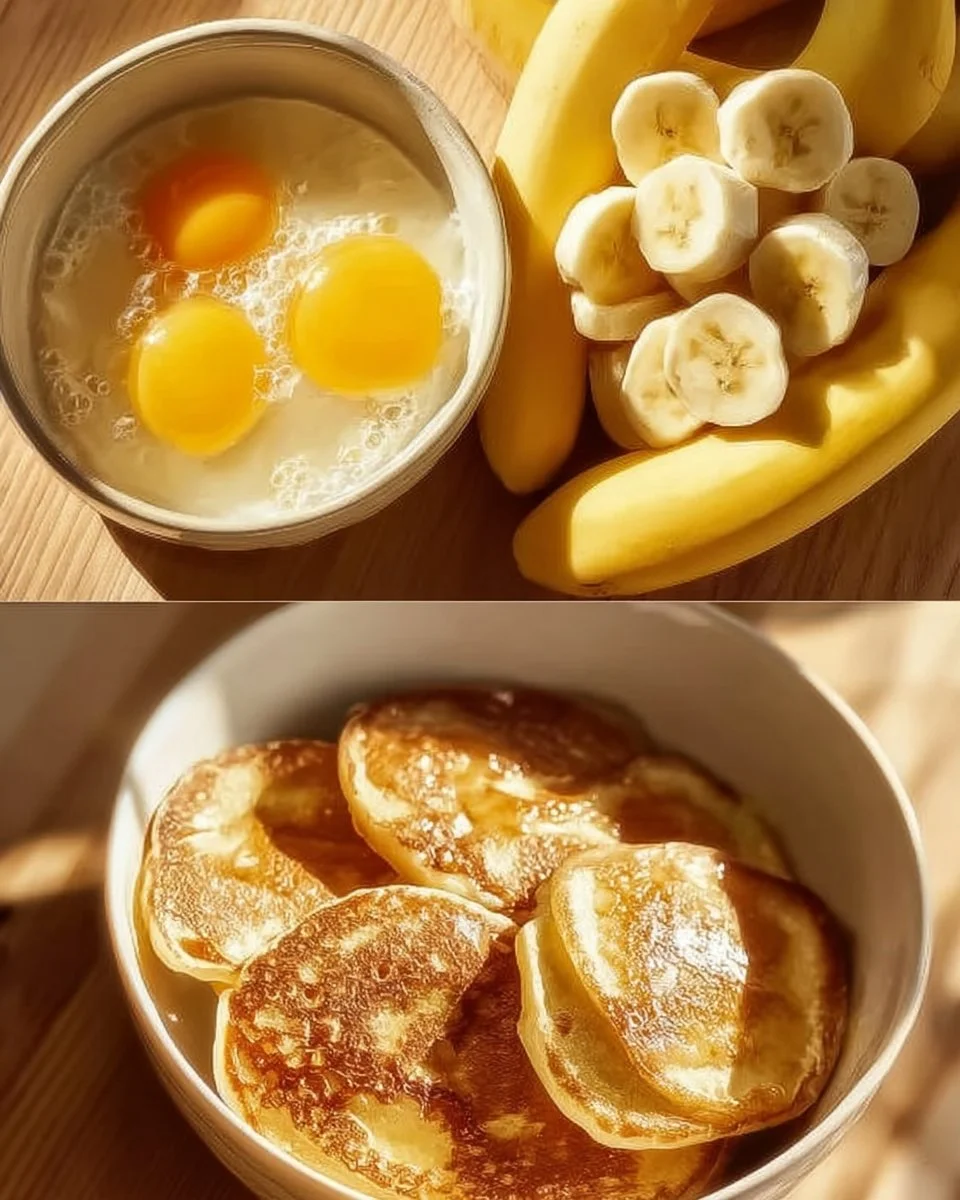 Fluffy banana-egg pancakes stacked on a plate with fresh fruits.