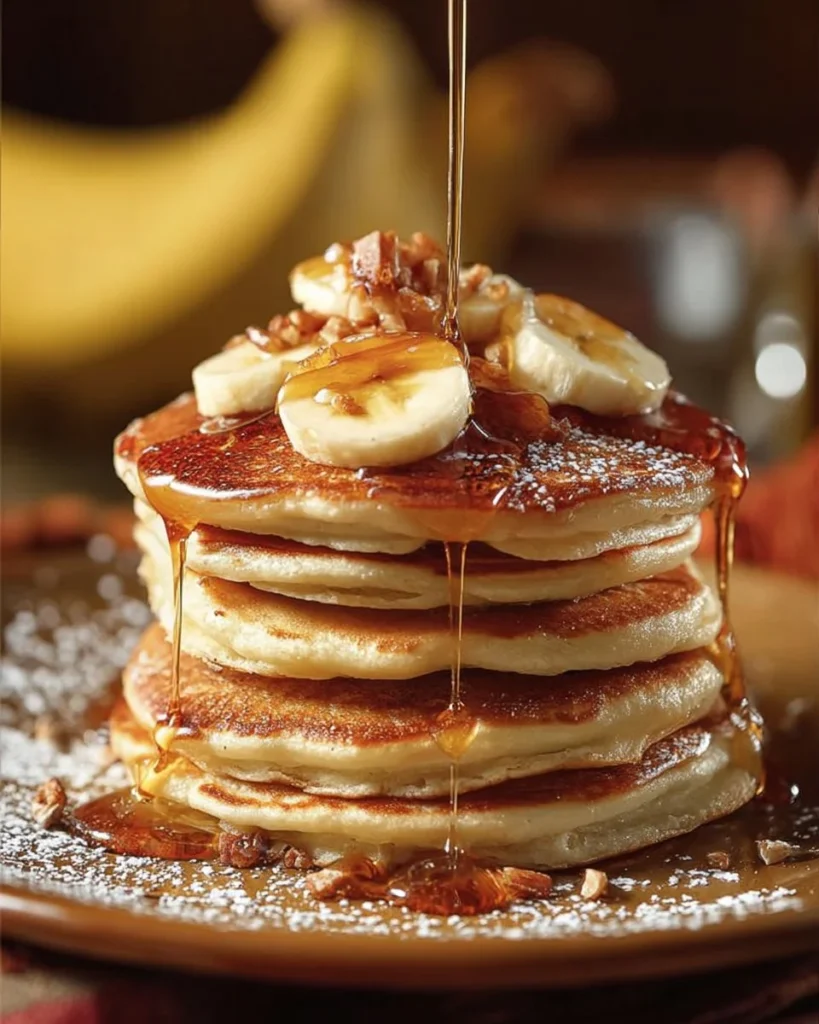 Delicious banana pancakes stacked on a plate with syrup and fresh bananas.