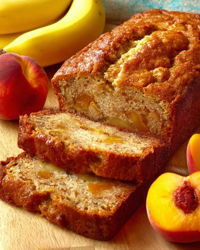 Freshly baked Banana Peach Bread with banana and peach slices on top