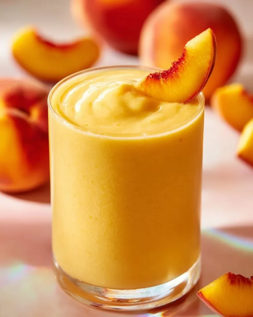 Delicious Banana Peach Smoothies in a glass with fresh fruits.