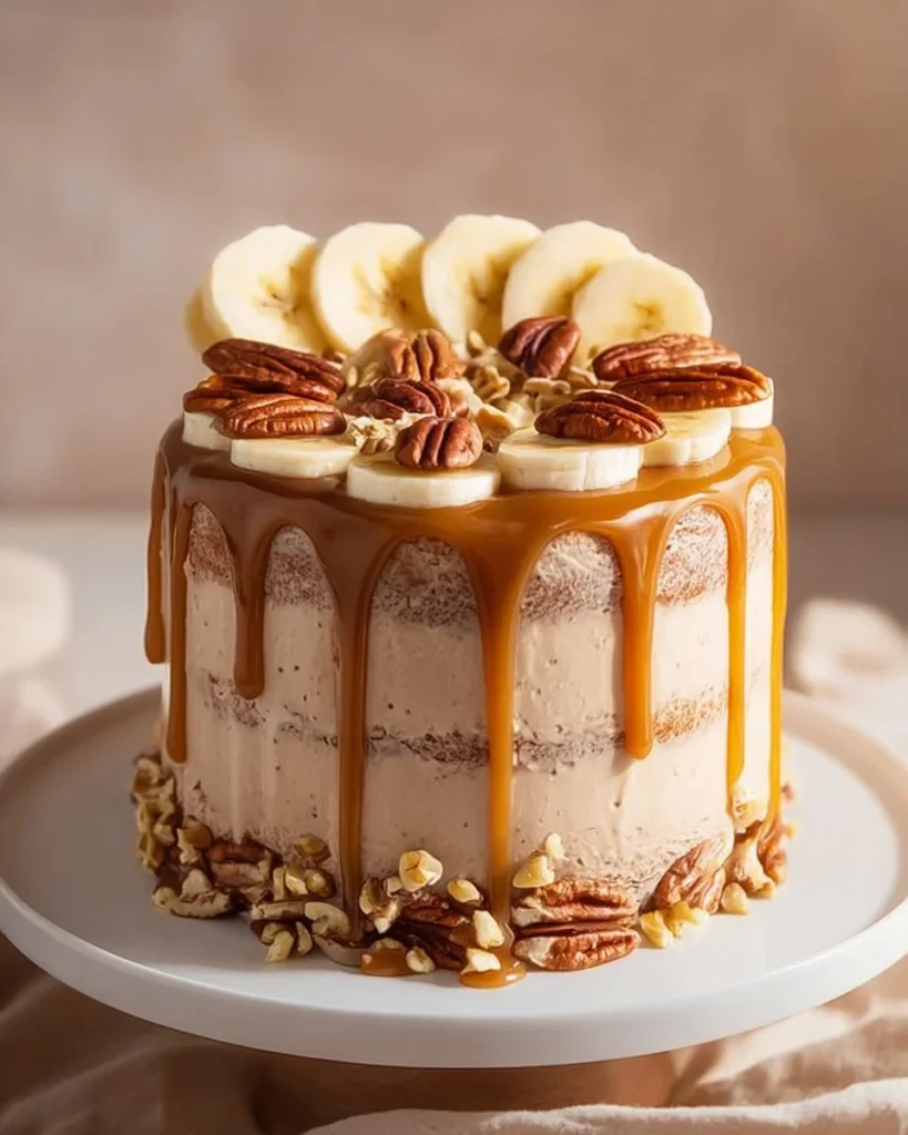 Slice of Banana-Pecan Caramel Delight Cake topped with nuts and caramel drizzle