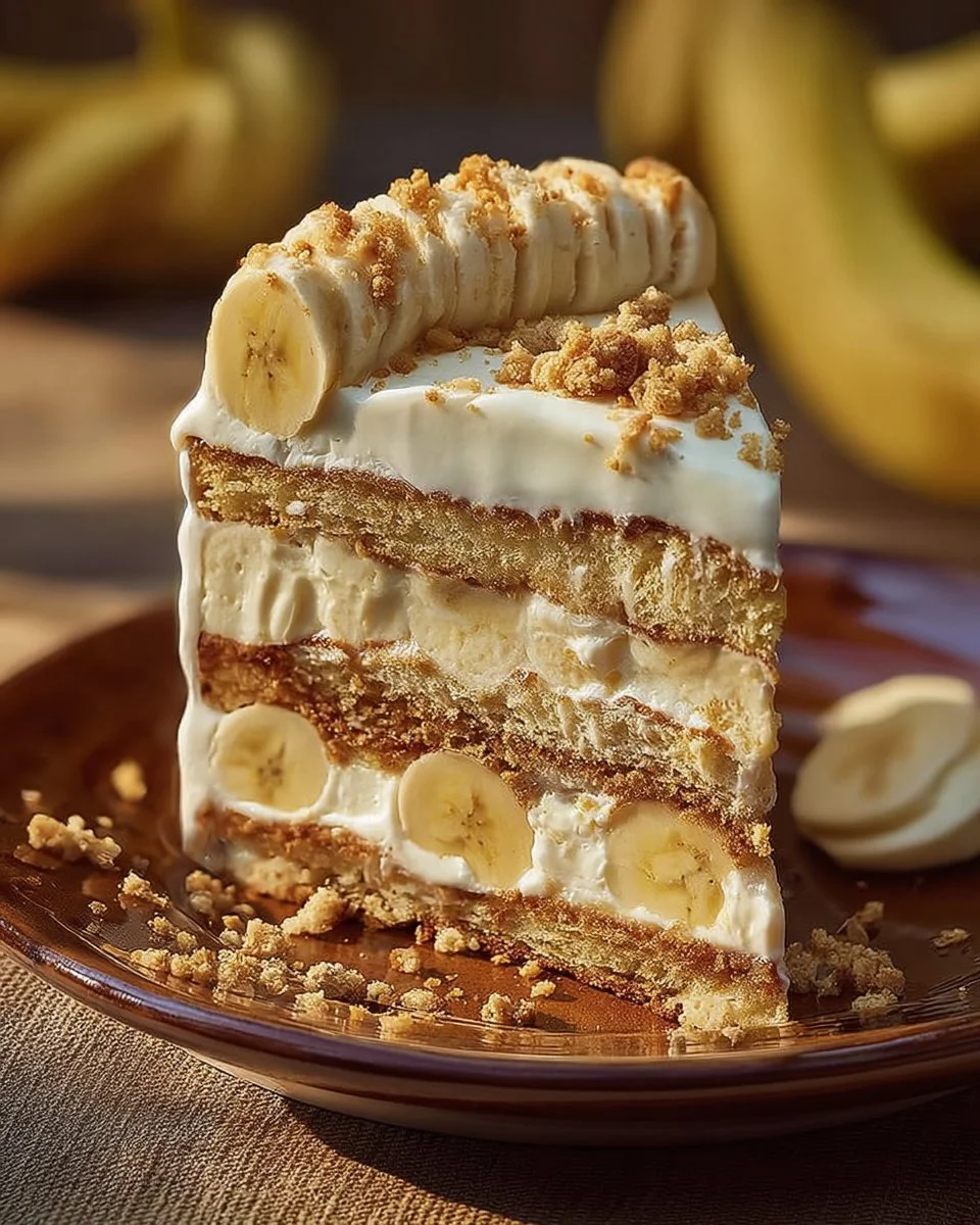 Delicious banana pudding cake topped with whipped cream and banana slices.