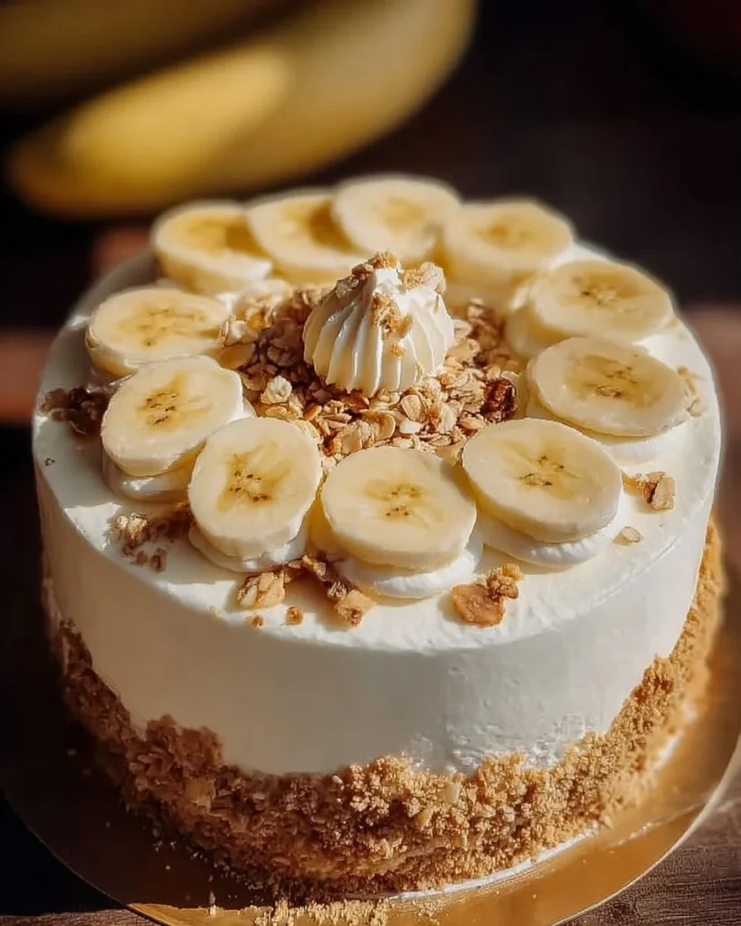 Slice of banana pudding cheesecake with whipped cream and banana slices