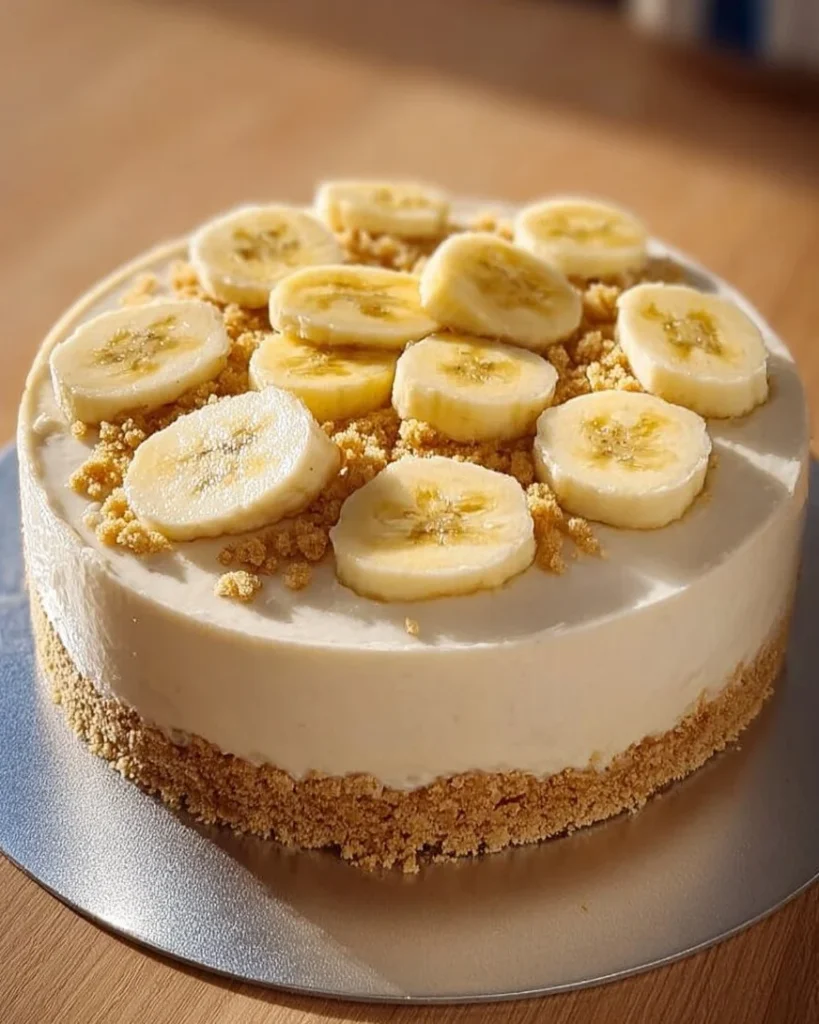 A slice of banana pudding cheesecake topped with banana slices and whipped cream.