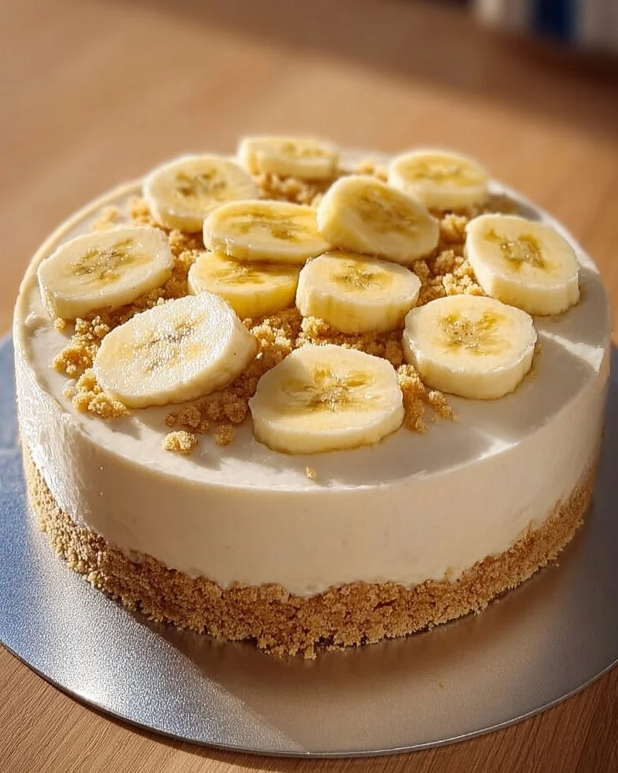 A slice of banana pudding cheesecake topped with banana slices and whipped cream.