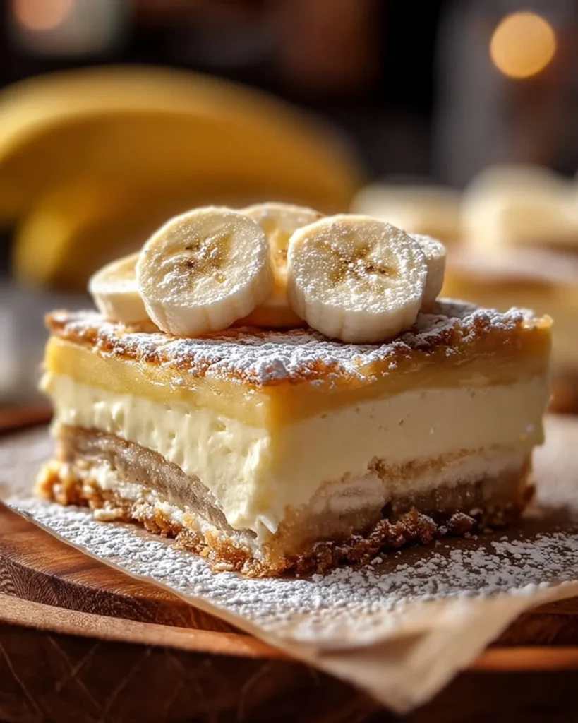 Delicious banana pudding cheesecake bars topped with whipped cream and bananas