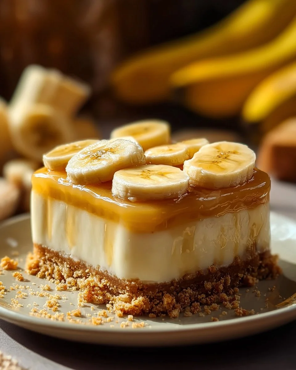 Banana pudding cheesecake squares topped with whipped cream and banana slices