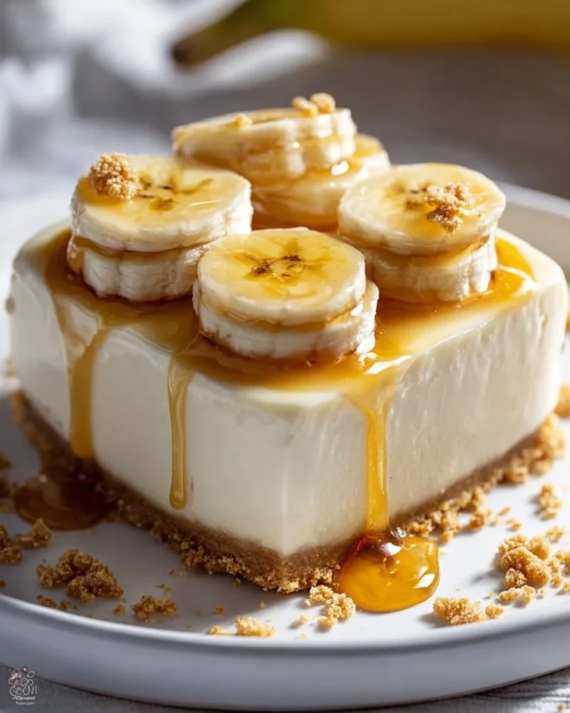 Banana pudding cheesecake squares topped with whipped cream and bananas