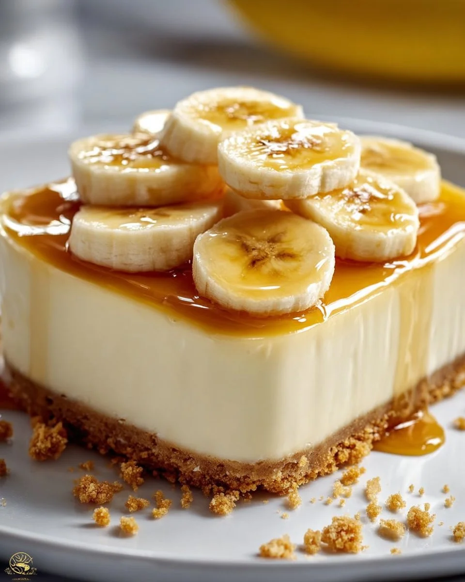 Delicious banana pudding cheesecake squares with a creamy topping and crushed wafers.