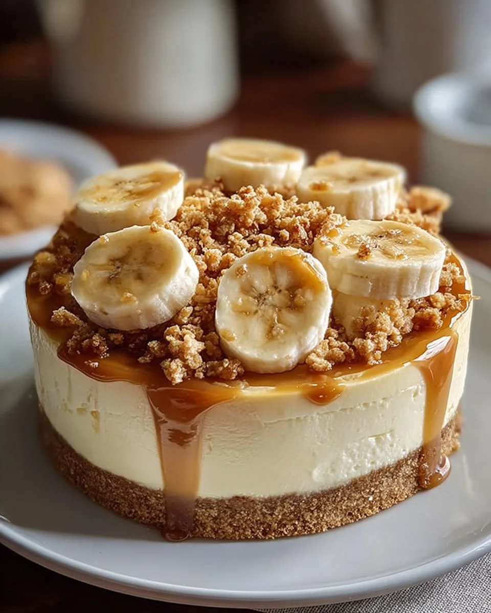 Slice of Banana Pudding Crunch Cheesecake with banana slices and whipped cream.
