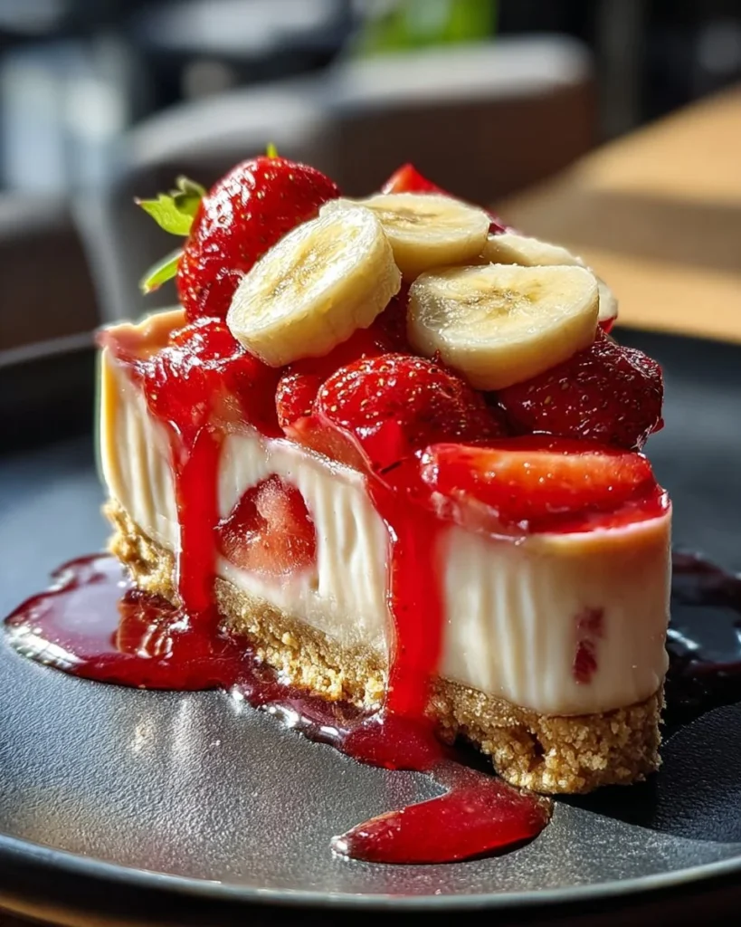 Delicious Banana Pudding Strawberry Cheesecake topped with fresh strawberries