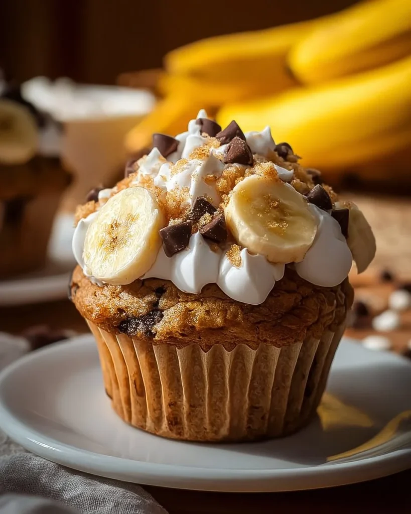 Freshly baked Banana S'mores Muffins with chocolate and marshmallows