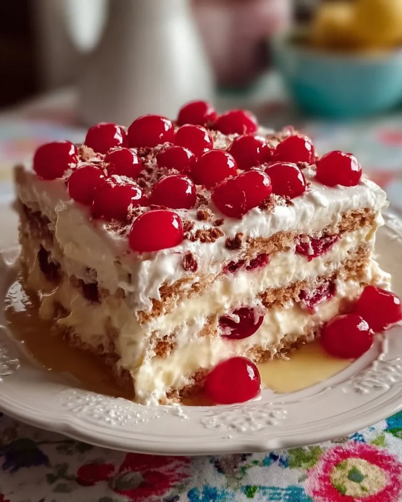 Delicious Banana Split Cake topped with whipped cream and cherries