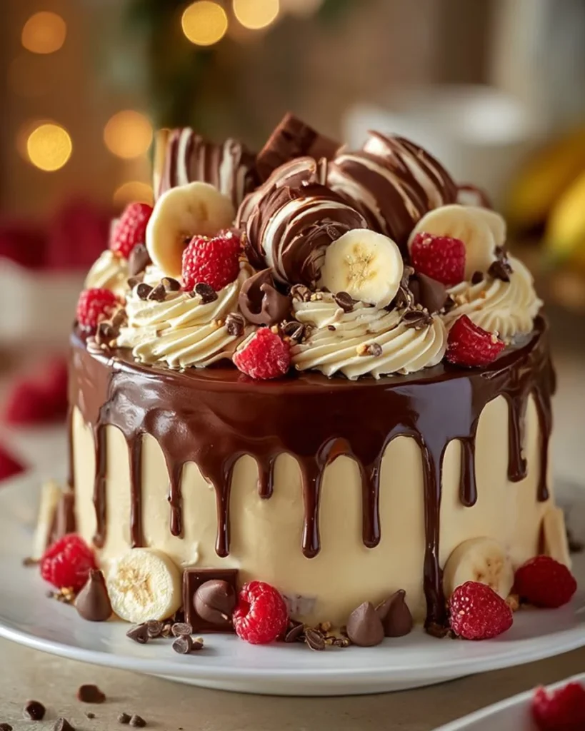 Banana Split Chocolate Drip Cake with chocolate drizzle and banana toppings