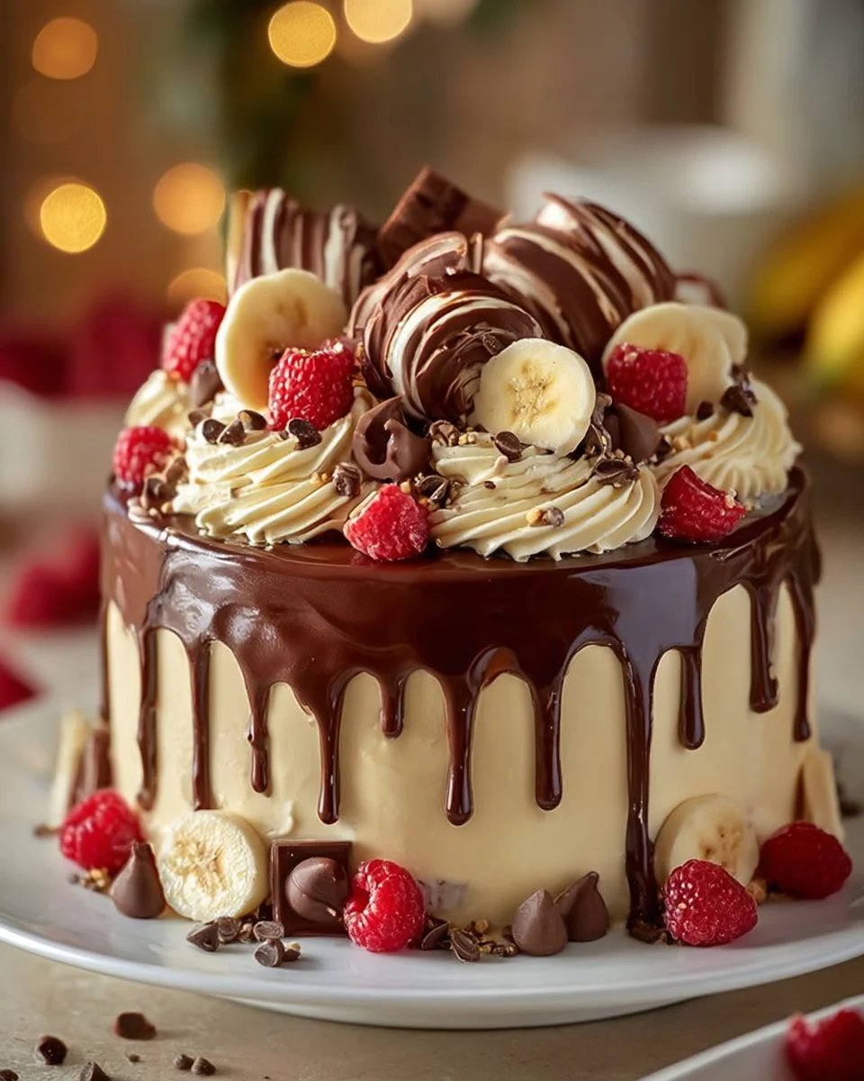 Banana Split Chocolate Drip Cake with chocolate drizzle and banana toppings