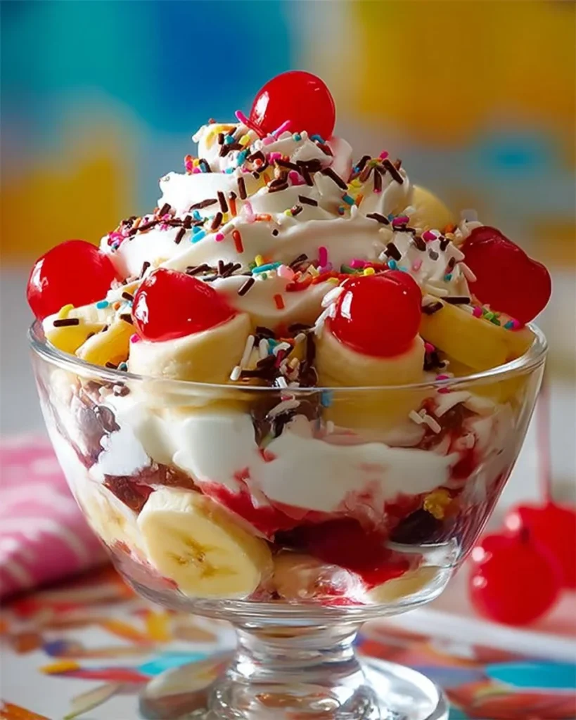 Delicious Banana Split Fluff dessert in a bowl, topped with bananas and whip cream.