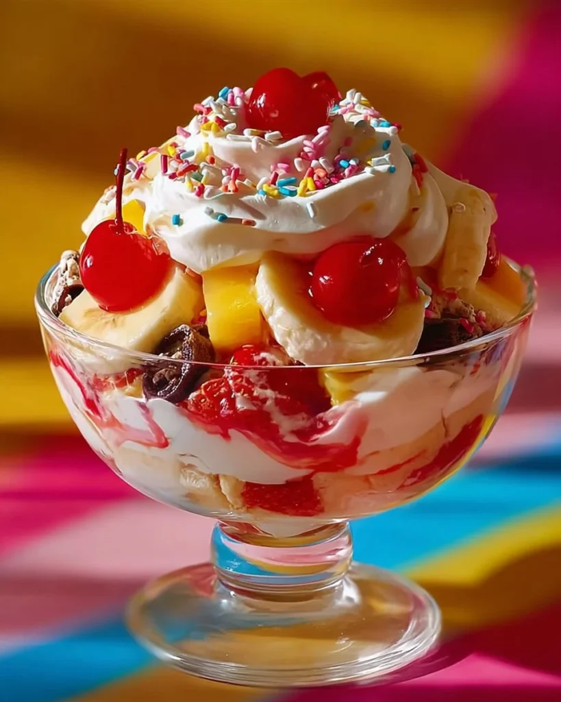 Delicious Banana Split Fluff dessert served in a bowl with a cherry on top