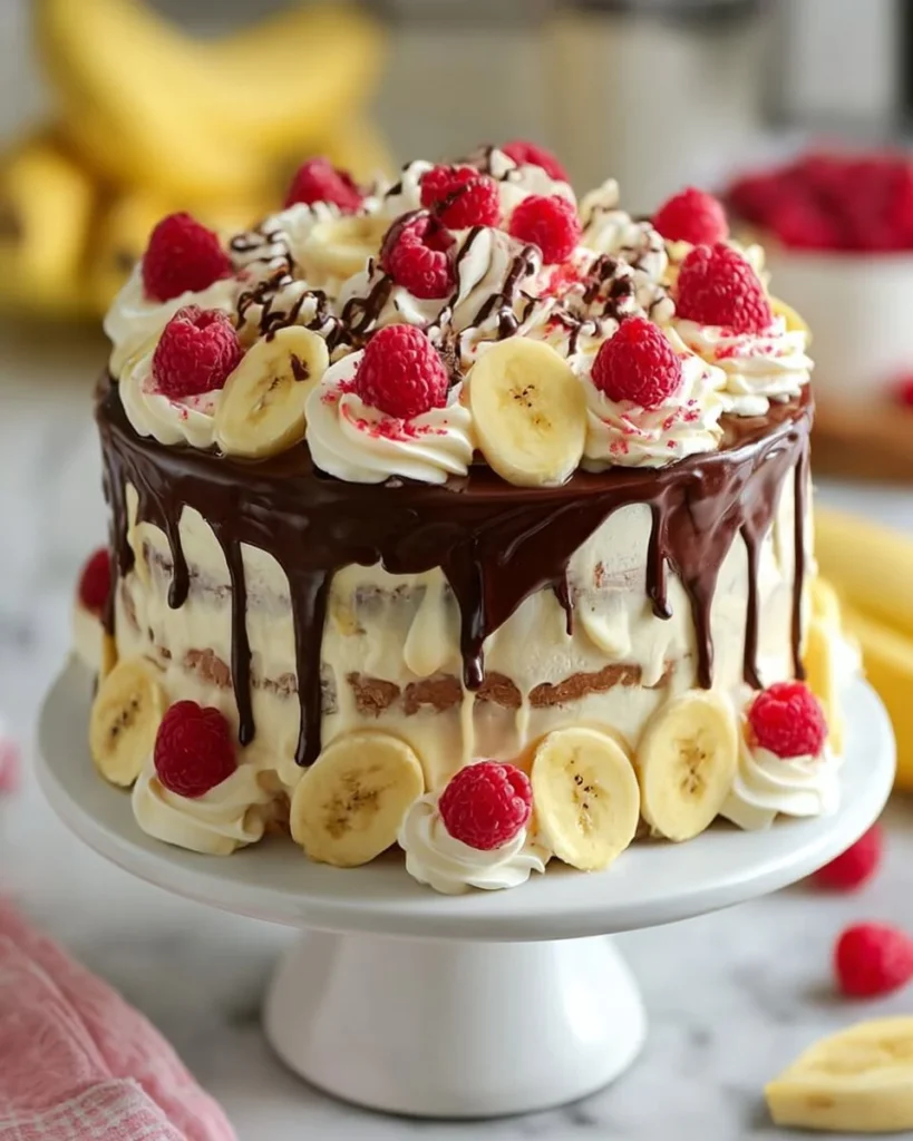 Delicious Banana Split Layer Cake with banana, chocolate, and whipped cream layers