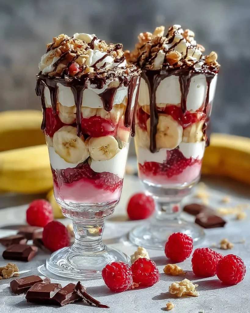 Delicious banana split milkshake topped with whipped cream and cherries