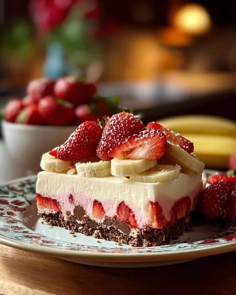 Delicious Banana-Strawberry Cheesecake topped with fresh strawberries and bananas.