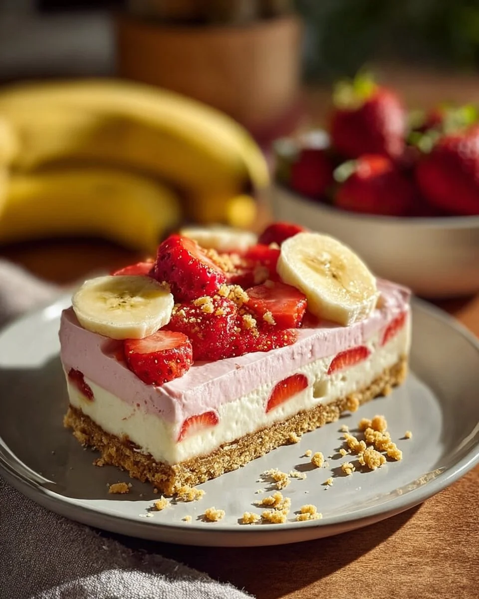 Delicious Banana-Strawberry Cheesecake topped with fresh fruits