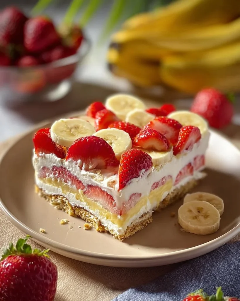 Delicious slice of Banana-Strawberry Cheesecake topped with fresh strawberries.